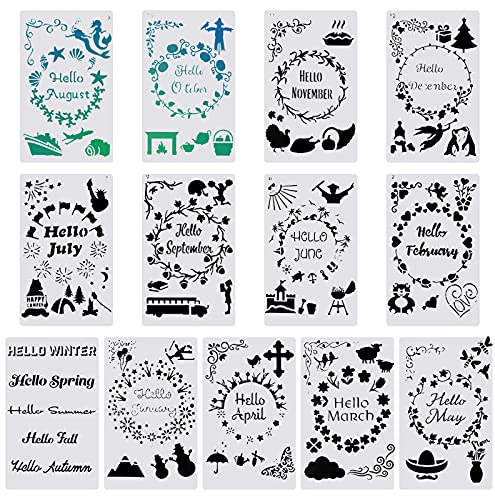 GORGECRAFT 13 Stück Plastikzeichnung Schablone Monate Jahreszeiten Thema Wiederverwendbare Fliesen Vorlage Set 5x8 Zoll für DIY Scrapbooking Bastelprojekte Stempeln Albumkarte