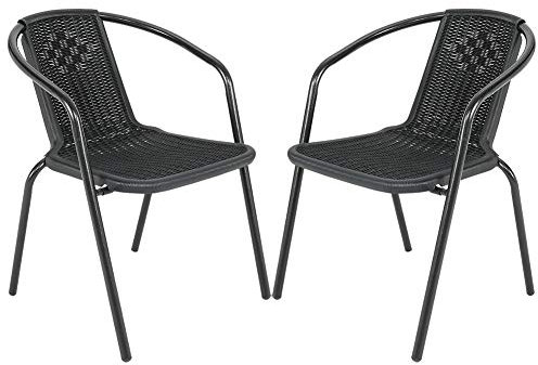 DKIEI 2 Pcs Outdoor Garden Wicker Rattan Bistro Chair Metal Frame Woven Seat, Black, 72 * 56 * 54.5cm