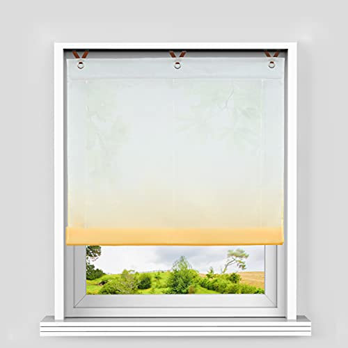 Heichkell Voile Raffrollo ohne Bohren Transparent Raffgardine mit Ösen Farbverlauf Fenstergardine Hakenaufhängung Modern Ösenrollo Vorhänge Orange BxH 100x130cm