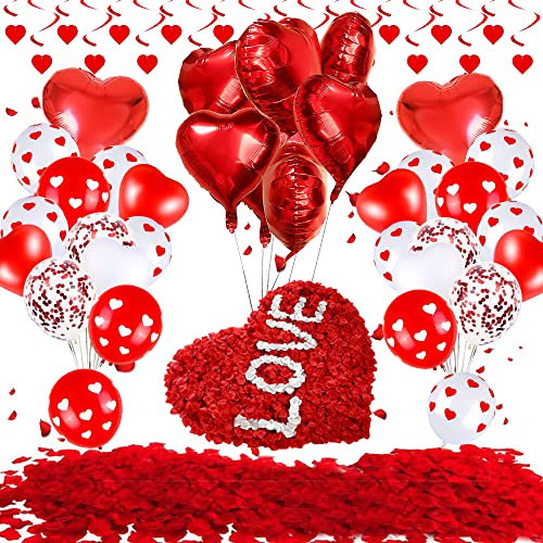 Valentinstag Dekorationen Set, Herzballons mit Rosenblättern Liebesherz Folienballon Rote Konfetti Luftballons für Hochzeit Valentinstag Jahrestag Braut Verlobung Romantische Nacht Party