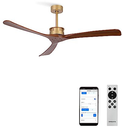 CREATE / WIND LARGE DC/Ventilatore da soffitto con WIFI XL, con motore DC oro, con pale in legno scuro/Silenzioso, timer