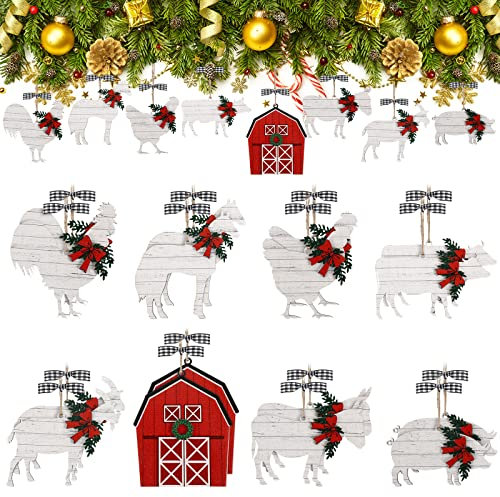 16 Pieces Farm Christmas Ornaments Farmhouse Farm Animal Ornaments Wooden Christmas Tree Farm Decor Farm Ornament Christmas Farm Animal Decorations Set Animal Tree Decoration Christmas Cow Ornament