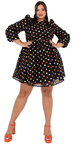 Lovedrobe Womens Ladies Mini Dress Plus Size with Pockets Polka Dot Keyhole Back Smock Long Sleeve Bow Tie Short Curve Organza Size 24 Black