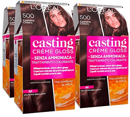 L'Oréal Paris Casting Crème Gloss Tinta Capelli Permanente Senza Ammoniaca Colorazione Ultra-Glossy Copertura Capelli Bianchi Colore 500 Castano Chiaro con Trattamento Finale al miele - 4 Confezioni