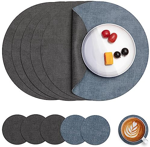 Myir JUN Tischsets Abwaschbar Leder und Untersetzer, Doppelseitigen Platzset Rund Ø 36cm 6er Set rutschfest Glasuntersetzer Platzdeckchen Leder Kunstleder Tischset (Grau Hellblau, 6er Set)