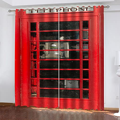 Hundnsney Vorhänge Wohnzimmer Modern Blickdicht 2Er Set 3D Londoner Telefonzelle Muster Schlaufenschal Verdunkelungsvorhang Vorhänge Lärmminderung Gardinen Fensterdekoration 240X270cm(HxB)