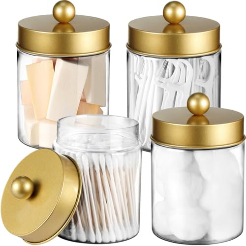 Amolliar Qtip Holder Dispenser - 8 oz Plastic Apothecary Jar Containers for Vanity Makeup Countertop Organizer Storage -Bathroom Canister Accessories Set for Cotton Swab, Ball, Pads, Floss-Gold (6)