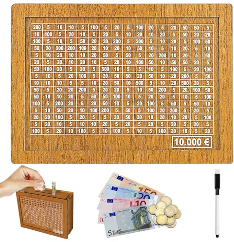 LYNBLY Spardose Holz, Wiederverwendbare spardose, Retro Sparbüchse Aufbewahrungsbox, für Erwachsene und Kinder mit Sparziel und Zahlen zum ankreuzen, für Hilft Die Gewohnheit Zum Sparen