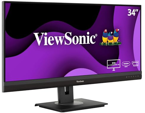 ViewSonic VG3456a 86,4 cm (34 Zoll) 1440p WQHD 21:9 Ultra-Wide Ergonomischer Docking-Monitor, Ethernet, USB Typ-C, 2x HDMI, DisplayPort