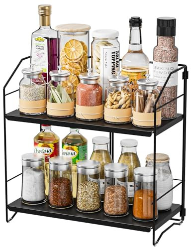 AIRUJIA 2-Tier Spice Racks Height Adjustable, Metal Spice Rack Free Standing, Foldable spice rack Organiser, Seasoning Bottle Organizer for Kitchen Countertop, Bathroom Counter Storage Black
