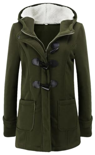 Damen Warm Langarm Pullover Kapuzenjacke Horn Knopf Kapuzenjacke, Armee EN8, 46