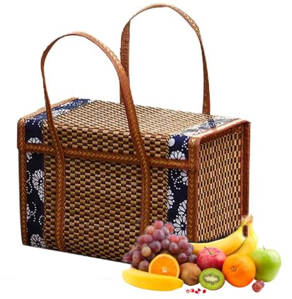 Exogio Panier de Pique-Nique en Bambou avec Couvercle et poignée, Grand Panier de Courses, Panier de légumes et de Fruits en rotin, Panier Cadeau pour Camping en Plein air, Saint-Valentin, Noël