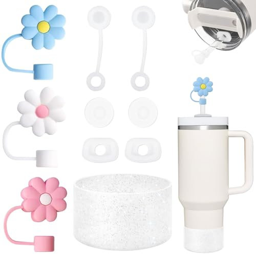 Stanley Tassen-Zubehör-Set mit 6 auslaufsicheren Silikon-Stopfen, 3 Stück 10 mm Blumenstrohabdeckkappe, 1 x glitzernde Silikon-Stiefelhülle für Stanley Cup 1,2 l und 850 ml Becher