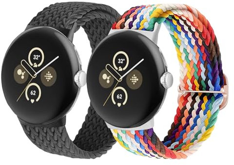 2 Stück Geflochtenes Nylon Armband für Google Pixel Watch 2/1,Verstellbare Elastisch Uhrenarmbänder Soprt Atmungsaktives Ersatzband für Google Pixel Watch 1/Pixel Watch 2 Armbänder,Schwarz/Regenbogen