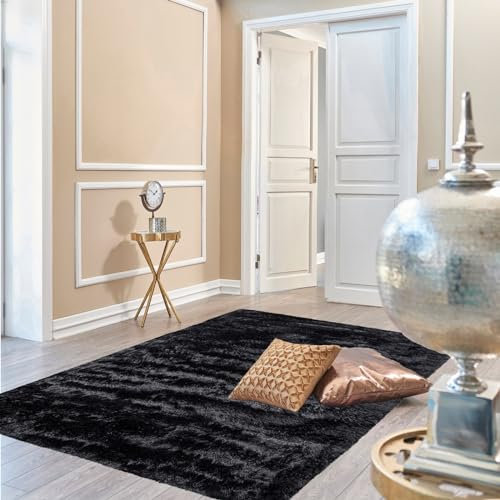 NINGBAI Shaggy Hochflor Teppich 80 x 120 cm Langflor Teppiche Modern, Wolle Bettvorleger Sofa Matte Shaggy, Pflegeleicht Schmutzabweisend für Wohnzimmer, Schlafzimmer, Schwarz