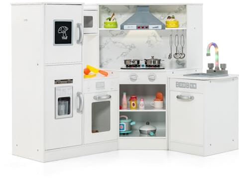 COSTWAY Cocina de Juguete de Madera con Lavabo Separado, Cocinita de Madera Infantil con Sonidos y Luces, Microondas, Máquina de Hielo Simulada y Lavavajillas, Pizarra, para Niños de 3+ Años(Blanco)