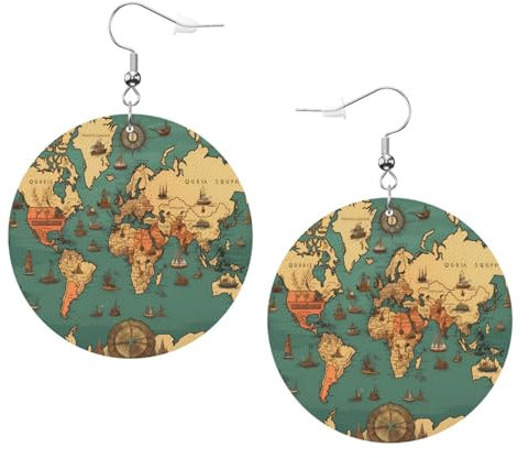 Runde Ohrringe mit Weltkarte, Retro-Bild, modisch, stilvoll und schön, leicht, baumelnd für Frauen und Mädchen, Einheitsgröße, Leder