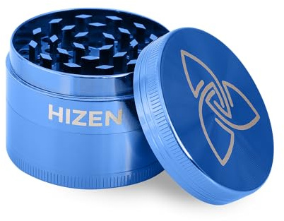 HIZEN Basic Grinder Ø 49mm, 4-teilige Kräutermühle, Crusher Set für getrocknete Kräuter, Pollen, Blüten, Gewürze mit Pollenfach und Schaber (Blau)