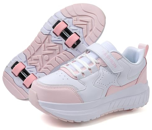 Mateju Schuhe mit Rollen für Jungen Mädchen Kinder Rollschuhe Schuhe mit 4 Rollen Versenkbarer, 2-in-1 Jugend Outdoor Turnschuhe Roller Schuhe Turnschuhe Skateboardschuhe