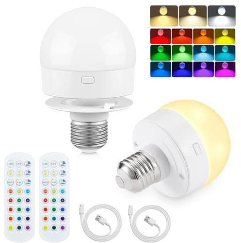 ZDOZITZ Rechargeable Light Bulb with Remote, Battery Operated Emergency LED Bulb with 15 Colors Selectable & 3 Timer, Wireless Puck Light Bulb for Wall Sconce, Power Outage，Non-Hardwired