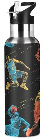 Wzzzsun Giocatori di Basket Sportivi Neri Borraccia Termica con Cannuccia Sportiva, Bottiglia Acqua in Acciaio Inox Isolato 600ML Senza BPA per Bevande Calde e Fredde per Bambini Scuola