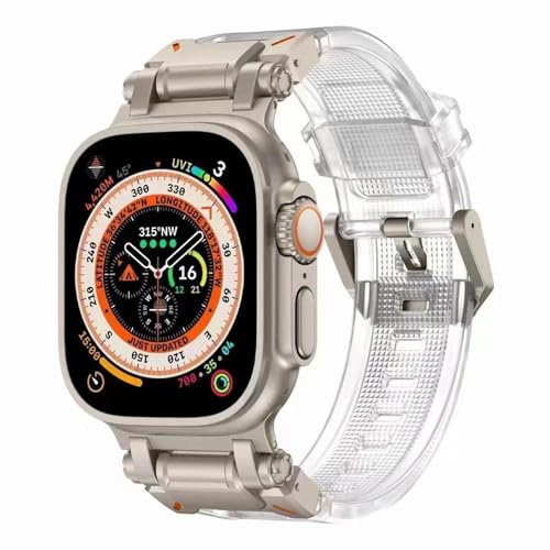 Sport Band for Apple Watch Ultra 2/Apple Watch Ultra Bands 49mm 45mm 44mm 42mm for Man, Durable Silicone Rubber Band with Metal Connector iWatch Ultra 9 8 7 6 5 4 3 SE(Titanium Adapter-Transparent)
