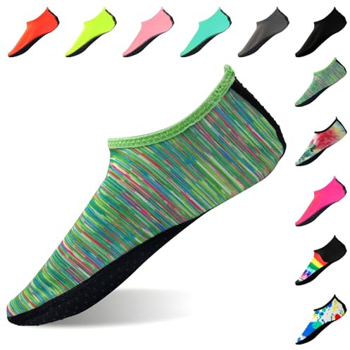 FANWINKJ Water Socks,Yoga Socks, Anti-Slip Breathable and Stylish Water Socks for Beach, Sports, Surf, and Swim, Men and Women,Green Line-XL