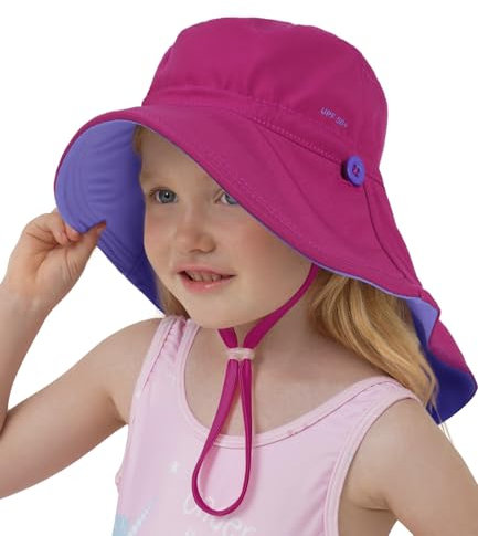 Creekstone Kleinkinder Sonnenhut mit Nackenschutz, LSF 50+, UV-Schutz Cap, Breite Krempe, Umkehrbar Sommer-Strandhut für Mädchen und Jungen (DE/NL/SE/PL, Alter, 1 Jahr, 3 Jahre, Fuchsie)