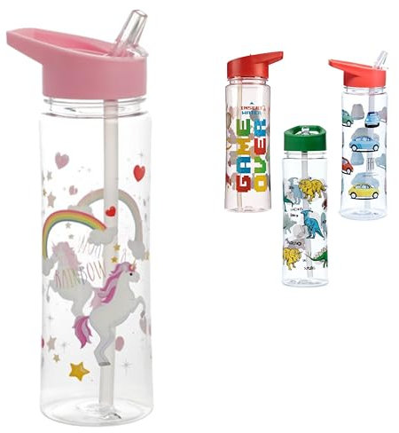 Botella Agua Niños y Niñas De Plástico SIN BPA, Antigoteo, Reutilizable, Ligera, Para Colegio, Deporte. Botella de Agua A Prueba De Fugas Con Pajita. Cantimplora Infantil 550 ml. (Unicornio, 550)