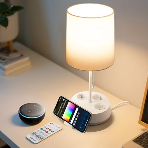 Aigostar- Smarte Tischlampe LED Kompatibel mit Alexa, Bedside Lamp Modern, 2700K-6500K und RGB Dimmbar, mit 3 Steckdosen (Type F), Fernbedienung und Handyhalterung, Weiß