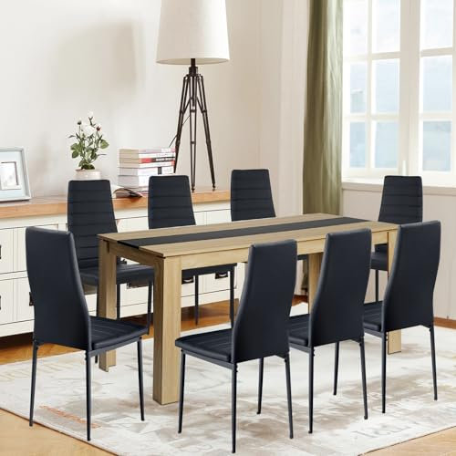 FURNITABLE Esstisch mit 8 Stühlen Esszimmergruppe, Essgruppe mit Hochlehner Kunstleder Stuhl für 8 Personen, Sitzgruppe für Küche Esszimmer Wohnzimmer(160cm Eiche-Schwarz Tisch+8 Schwarz Stühle)