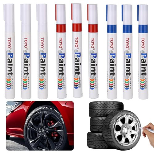Lot de 9 Marqueur Indelebile, Stylo Pneu Blanc, Marqueur peinture spécial industrie pour pneus de voiture, bois verre, métal (3 rouges, 3 blancs, 3 bleus)