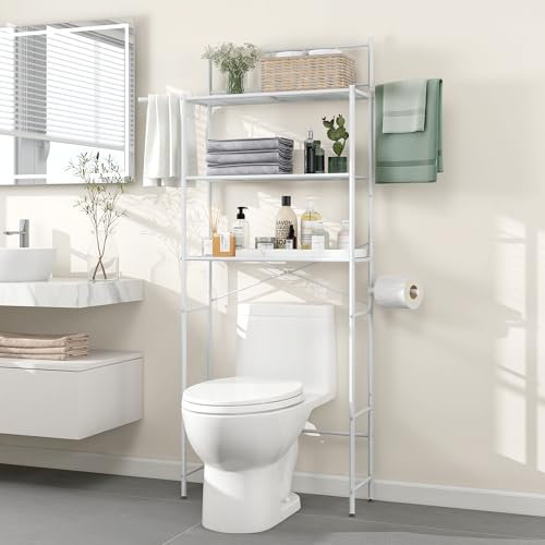 MallCreaty Over The Toilet Storage, 3 Tier Bathroom Organizer Shelf with X-Shaped Bar, Above Toilet Storage Rack with 4 Hooks (White)