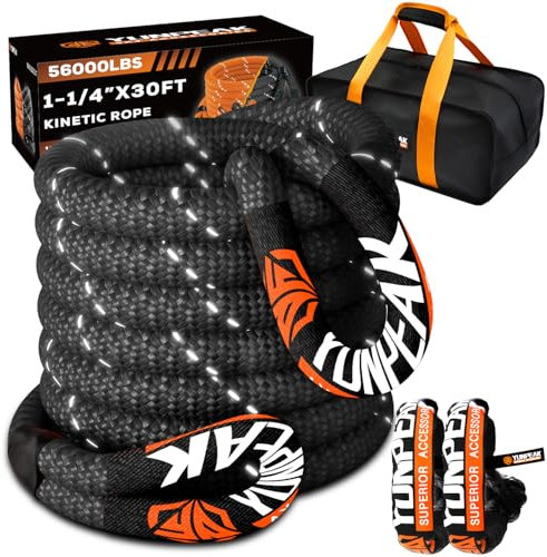 YUNPEAK Kinetisches Abschleppseil (25,4 kg), Robustes Offroad-Wiederherstellungsseil mit 2 weichen UHMWPE-Schäkeln (25,4 kg), Abschleppseil-Set für LKW, SUV, UTV, ATV, Traktor, Auto, Jeep, Schwarz,