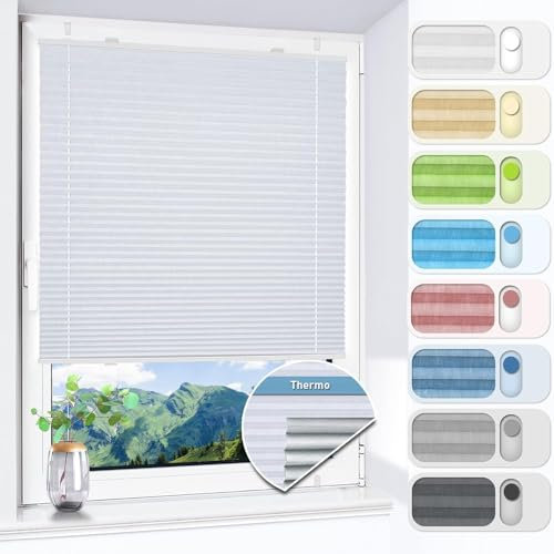 HOMEDEMO Plissee ohne Bohren verdunkelung, Thermo Plisseerollo Klemmfix, Weiß 100x130cm(BxH) Verdunklungsplissee 100% lichtundurchlässig für Fenster, Blickdicht Sichtschutz Sonnenschutz