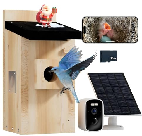 Vogelhaus mit Kamera, solarbetrieben, Holz-Vogelhaus für den Außenbereich, 5 MP HD, Vollfarb-Nachtsicht, Vogelbeobachtungskamera für Vogelhaus, WLAN-Nistkasten für Vögel, App-gesteuert, automatische