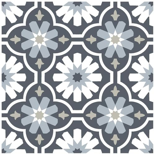Peel & Stick Vinyl - Sevilla Flowers Floor Tiles - Self Adhesive Kitchen Bathroom - Grey White Tiles - 30.48cm x 30.48 cm (12in x 12in) - Each Tile - 1 Pack Covers 10 sq ft