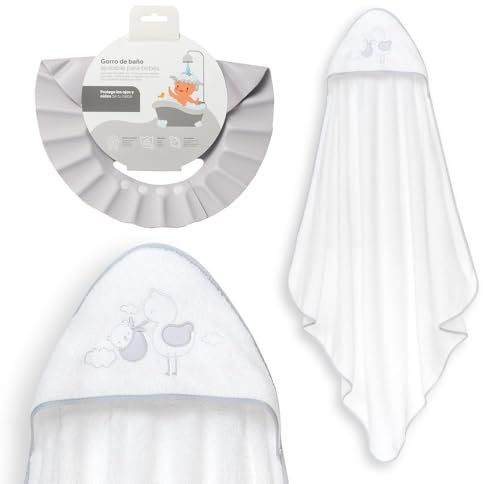 Interbaby Baby-Badetuch + verstellbare Mütze, Kapuzenhandtuch aus 100% Baumwolle, Uni, weich, schnell trocknend, ideal für Neugeborene, Babys und Kleinkinder, Design Storch Bär