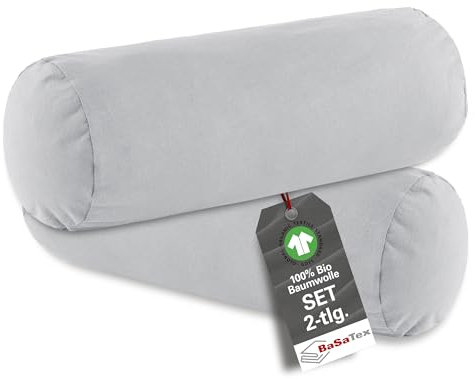 BaSaTex Bio Kissenbezüge für Nackenrolle 40x15 cm im 2er Pack - 97% GOTS-Zertifizierte Baumwolle + 3% Elasthan - Farbe: Silber