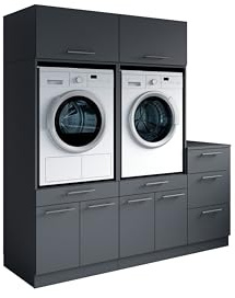 Laundreezy Waschraum Komplett-Set Modulares Schranksystem Anthrazit | 186 x 200 x 68 cm (B/H/T), Softclose, mit viel Stauraum, für Hauswirtschaftsraum, Waschküche, Keller, Bad