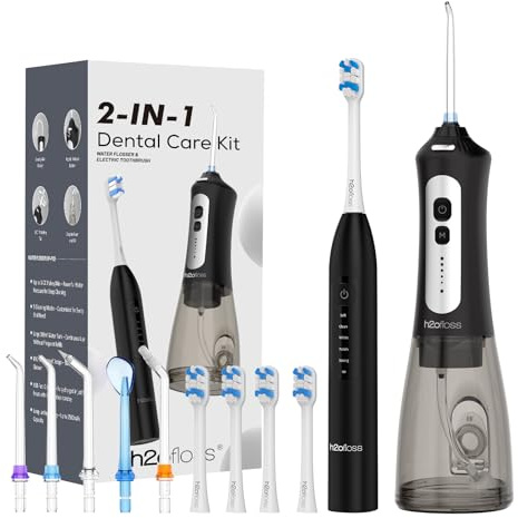 H2ofloss Sonic Elektrische Zahnbürste und Wasser Flosser Combo, Wiederaufladbare 2000mAh Zahnbürste und 2500mAh Munddusche mit 300ml Tank, 4 Bürstenköpfe, 5 Düsen, 2 in 1 für Zuhause und Reisen