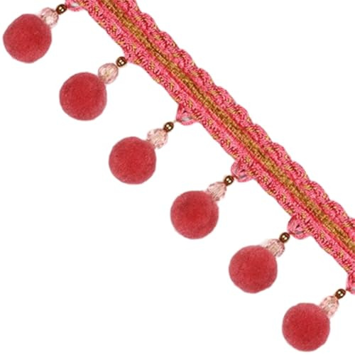Blausky 2m Boho Bommelborte Quastenborte,Fransenband Meterware,Zierband mit Pompoms und Perlen,Bordüre zum Nähen Spitzenborte für Gardinen Vorhänge DIY Nähen Basteln Heimdekoration,Rosenrot