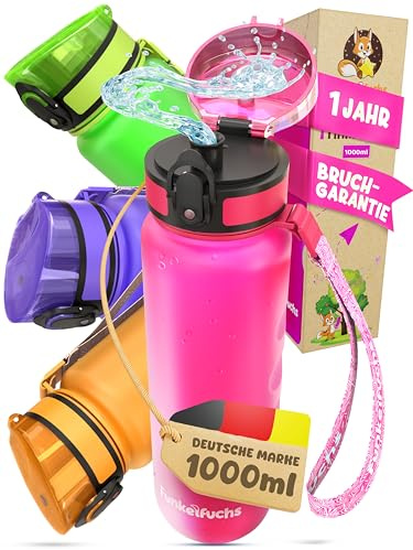Funkelfuchs® - Trinkflasche für Kinder – 1000ml, Pink – Kohlensäure geeignet - 100% auslaufsicher - Wasserflasche spülmaschinenfest - für Kindergarten, Einschulung, Schule, Sport