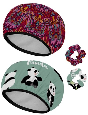 Eslifey Wiederverwendbare Duschhaube mit Haargummis für Damen, wasserdicht, elastisch, für langes Haar, indisches indisches ethnisches Mandala-geometrisches Muster, 2 Stück