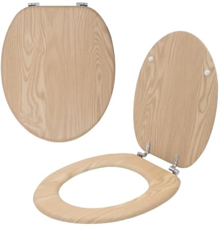 Anika Toilet Seat/Chrome Plated Hinges/Easy Installation / 43cm x 37.5cm (Light Oak Effect)