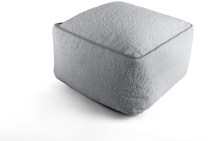 Littens Grey Silver Teddy Boucle Square Footstool Ottoman Bean Bag Pouffe, Living Room Decorative Low Seat Piped (45cm x 45cm x 25cm)