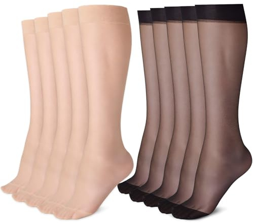 Dzpuhuojz 10 Pairs Knee High Socks for Women, Thigh High Nylon Stockings, 15D Sheer Knee Length Pop Socks & Tights, Ladies Hold up Stockings