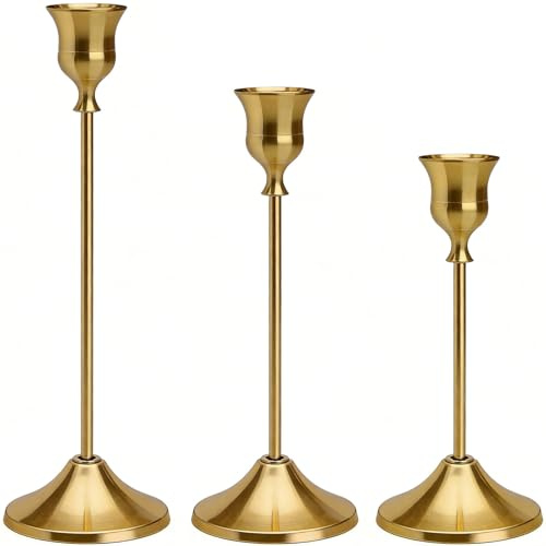 Kerzenständer Gold Bronze Vintage 3er Set – Minimalistischer Kerzenhalter Stabkerze aus Metall – Dekorativer Stabkerzenhalter für Hochzeit & Tafel – Elegante Alternative zu Kerzenhalter Adventskranz