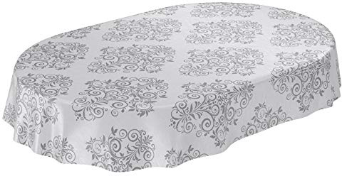 ANRO Wachstuchtischdecke Wachstuch Wachstischdecke Tischdecke abwaschbar Ranken Barock Arabeske Grau Oval wasserabweisend Gartentischdecke Meterware pflegeleicht Lotuseffekt 140 x 240cm