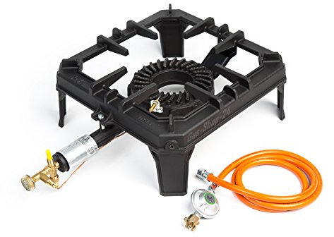 Hockerkocher - Gaskocher 8,8 KW mit Zündsicherung + Gasschlauch und Druckminderer (Gusseisen Wokbrenner Asia Kocher, Gastrokocher, Gasherd, Campingkocher für Wok)